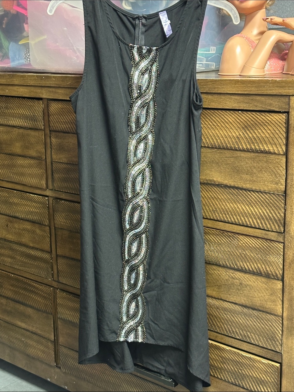 Black Sleeveless High-Low Dress with Braided Bead Trim